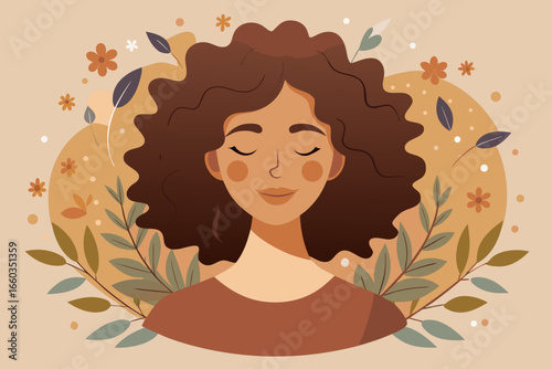 Serene woman embracing inner peace with gentle smile surrounded by nature's calming embrace and floral elements, radiating tranquility and well-being.
