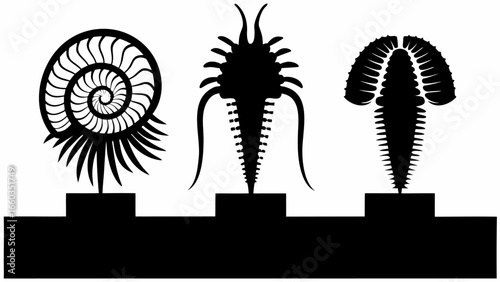 Three fossil specimens displayed on stands with a dark background and a white contrasting backdrop | editable eps vectors silhouette