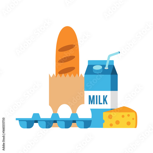 Fresh groceries including bread milk eggs and cheese for a healthy meal