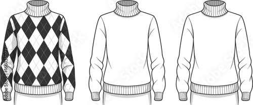 Turtleneck sweater flat sketch with argyle pattern front view, back views technical drawing, winter fashion apparel design CAD illustration