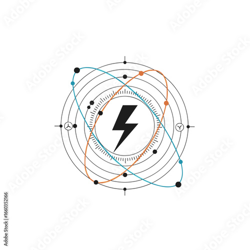 Abstract futuristic atomic energy symbol with lightning bolt and orbital paths