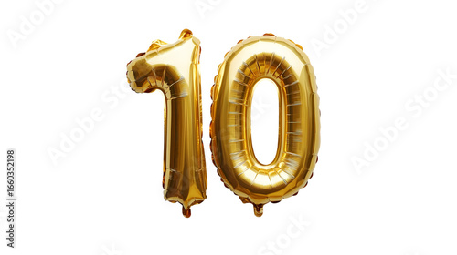 The golden foil 10 balloon in the shape isolated on transparent background