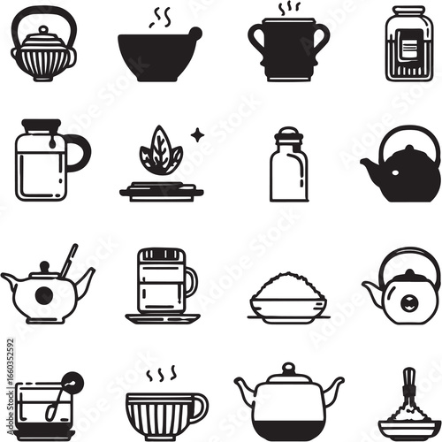 Matcha Green Tea Black Line Editable Icons set