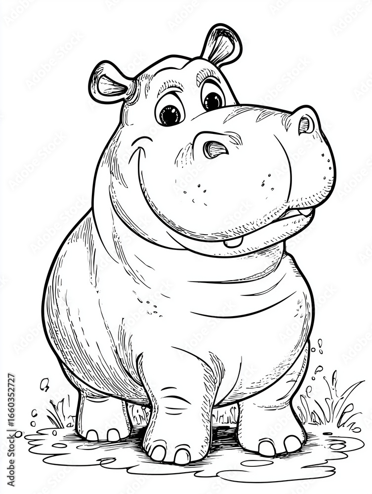 Fototapeta premium Chubby hippo cartoon with tiny feet, illustration