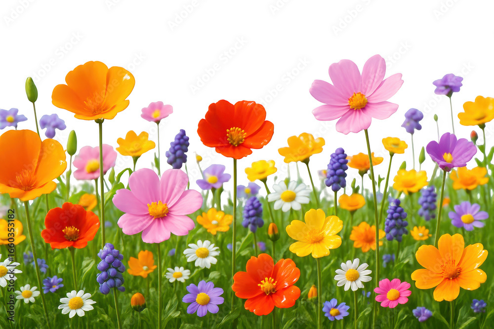 Fototapeta premium Colorful flowers in meadow display here isolated illustration on transparent background