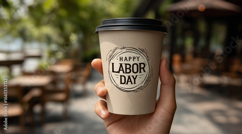 A hand holding a paper coffee cup with a sticker and the text Happy Labor Day written on it