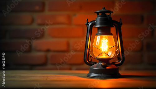 Vintage Kerosene Lamp on Wooden Table with Brick Wall Backdrop