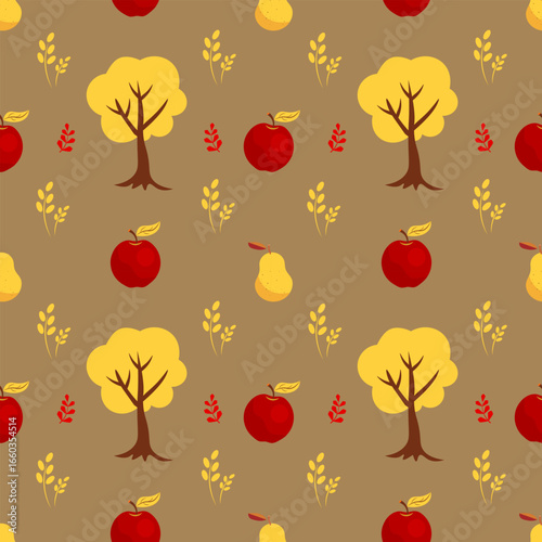 Seamless autumn pattern with trees and apples on a beige background
