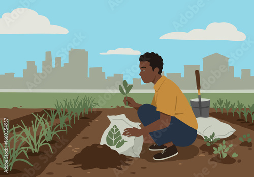 A Black man tends a small urban garden, showcasing sustainable practices against a city skyline.  A peaceful, modern scene.