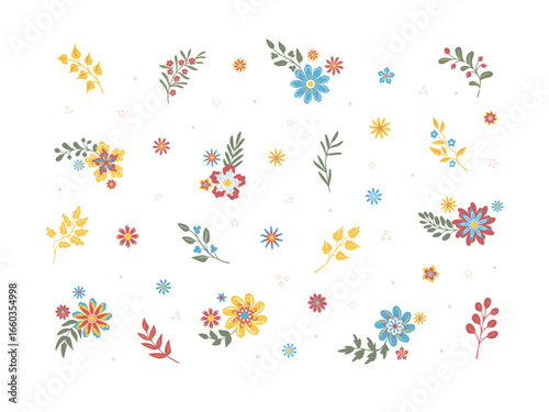 Fantasy hand-drawn autumn leaves, flowers. Hippie and chintz style clip art. Eco, organic symbols