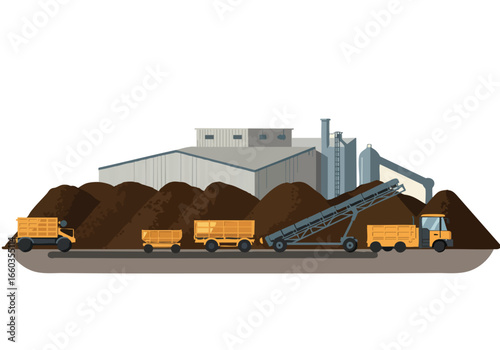 Industrial composting facility with trucks delivering and conveying materials. A detailed illustration showcasing a modern waste management process. Clean, graphic style.