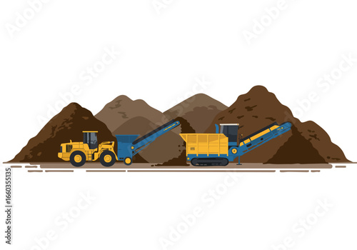 Industrial composting process showcased with heavy machinery. A large excavator loads a shredder, highlighting a significant scale operation. Modern, detailed illustration.