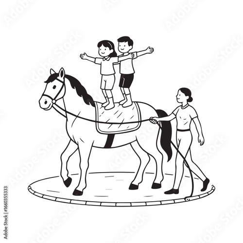 A cute horse with a vaulting blanket is led in a circle on a long lunge line silhouette vector design.