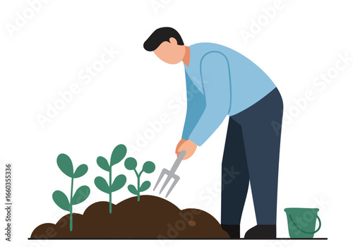 A man inspects a compost pile in a garden, adding water with a watering can.  Healthy plants grow nearby.  Illustrative style, vibrant colors.