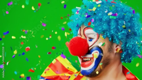 Joyful Clown Laughing Under a Shower of Colorful Confetti on a Green Screen