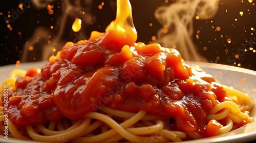 Rich tomato sauce generously coats steaming spaghetti, creating a mouthwatering Italian cuisine experience.