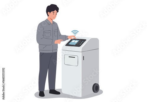 A young man interacts with a smart composting bin, showcasing sustainable technology. Modern design, clear interface, and a focus on eco-friendly solutions. Ideal for illustrating green initiatives.
