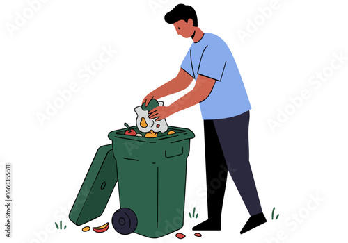 A young man sorts waste into a green bin. Clean, simple illustration style. Focus on the action of disposal. Modern, minimalist aesthetic.