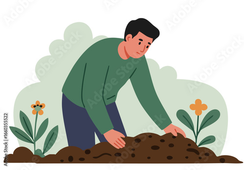 A young man tending to a flowerbed, embodying growth and care.  Illustrative style, vibrant green tones, peaceful scene. Suitable for lifestyle and nature themes.