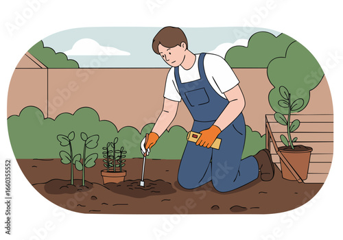 A young man tests soil in his garden, using a soil testing kit. He?s wearing overalls and appears focused on his gardening task. A lush green backdrop enhances the natural setting.