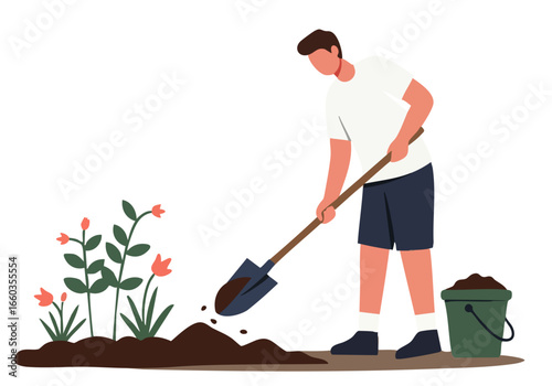 A man tends a garden, spreading compost. A vibrant flowerbed and bucket of soil create a fresh, earthy scene. Ideal for nature, gardening, and sustainable living visuals.