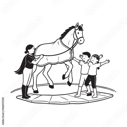 A cute horse with a vaulting blanket is led in a circle on a long lunge line silhouette vector design.