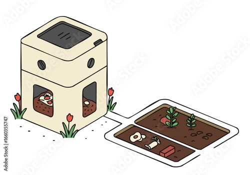 playful illustration showcases a compact composting bin transforming food scraps into garden nourishment Vibrant colors and a charming design highlight sustainable practices