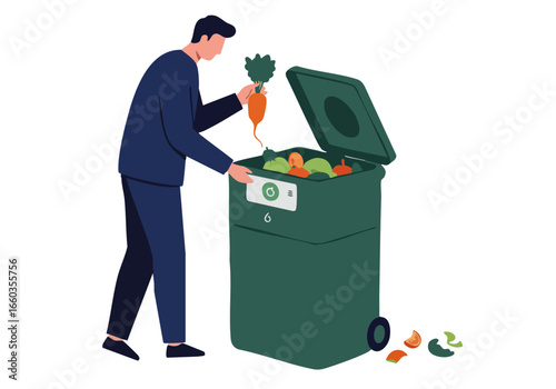 A professional man composts vegetable scraps in a green bin. Modern illustration style, clean design, focusing on sustainability and eco-friendly practices.