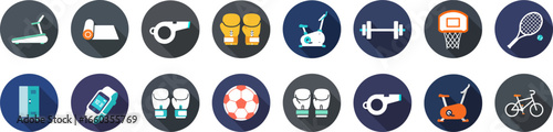 Set of 16 round fitness and sports equipment icons in blue, gray, and orange palette