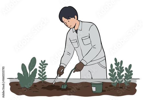A professional man tests soil outdoors, examining it with a trowel. He?s wearing a white work uniform, focused on gardening. A lush green backdrop highlights the soil sample.