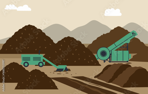 A stylized illustration depicts a composting machine processing large piles of organic material in a rural landscape.  Clean lines and muted tones create a modern, informative visual.