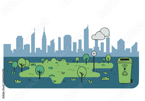 vibrant cityscape illustration showcases sustainable urban planning with green spaces and recycling bins Modern buildings blend with nature