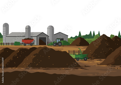 vibrant farm scene showcases composting piles and agricultural equipment A tractor transports material highlighting sustainable practices Clear composition and earthy tones 