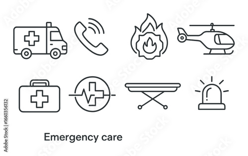 Emergency care icons featuring ambulance helicopter fire and medical equipment