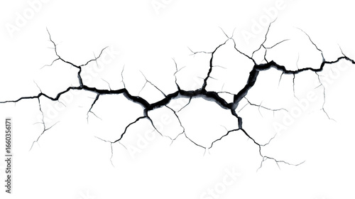 A detailed closeup of a black crack on a transparent background, isolated on transparent background.