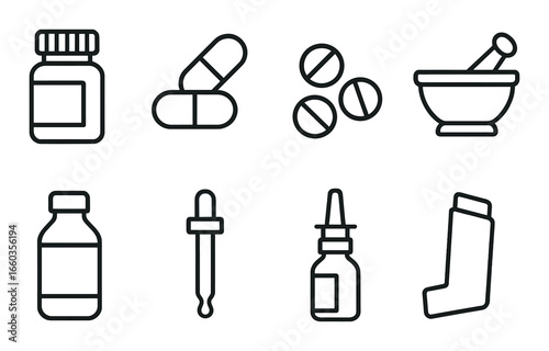 Monochrome medical icons set featuring bottles, pills, dropper, mortar, and inhaler