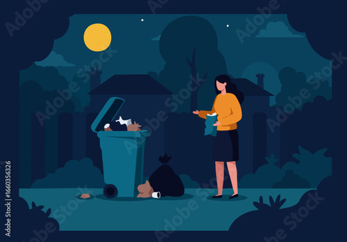 A woman discreetly discards waste at night. A dark, quiet scene with a full moon and open bin. Illustrative style, conveying a sense of solitude and nighttime routine.