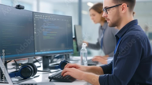 Software Developer Typing Code on Dual Monitors in Modern Office