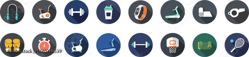 16 round badge icons of fitness and sports equipment in vibrant blue, green, and orange with white and yellow highlights