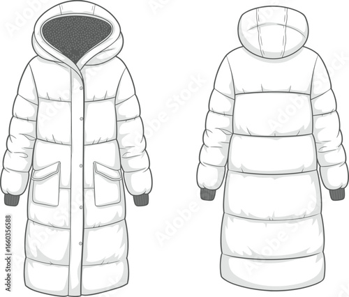 Long winter puffer coat, fashion flat sketch, hooded padded jacket design, front and back view, technical vector outerwear illustration
