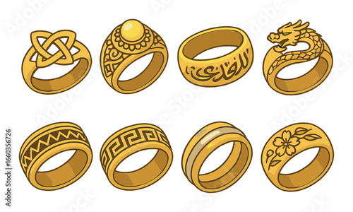Collection of eight unique gold rings with intricate designs