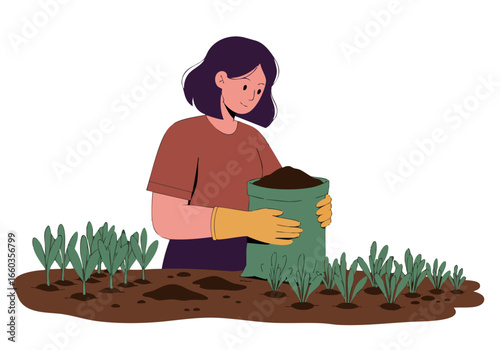 A smiling woman in gloves fertilizes seedlings in a garden. Optimise Farm branding. Warm, earthy tones and a focus on sustainable agriculture.