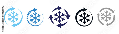 Freezer control icon. Snowflake with rotation arrows, automatic refrigeration, air conditioning, freezing. Vector