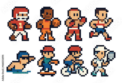 Pixel art athletes engaged in various sports activities