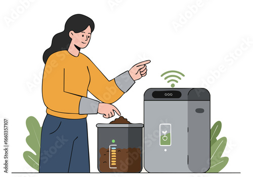 A woman monitors a smart composting bin, checking its fill level. Modern illustration showcasing sustainable living and smart home technology. Clean, bright, and inviting.