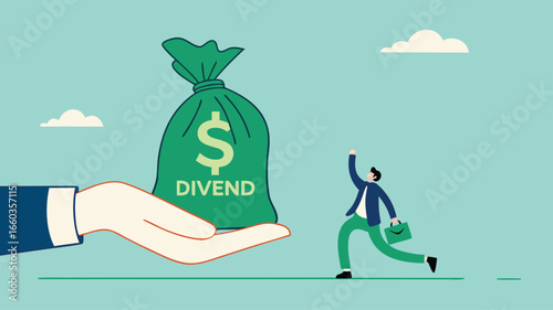 getting dividend from investment with happy businessman receives a bag of dividend money from the businessman's hand
