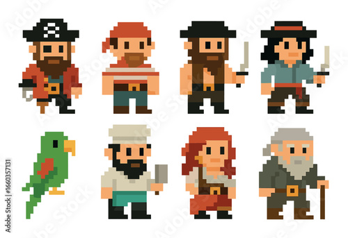 Retro pixel pirates and characters: vibrant crew with swords and parrot