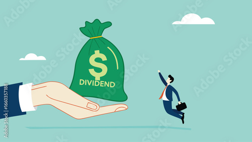 getting dividend from investment with happy businessman receives a bag of dividend money from the businessman's hand
