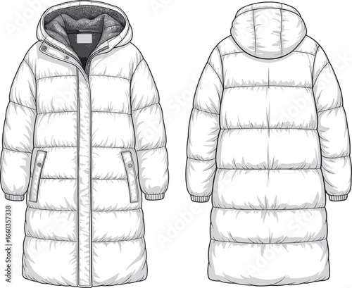 Long puffer coat, winter outerwear sketch, fashion flat drawing, front and back view, technical cad illustration, hooded jacket vector