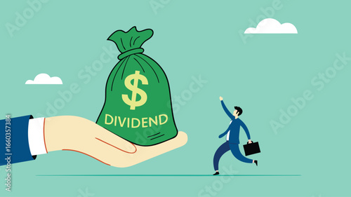 getting dividend from investment with happy businessman receives a bag of dividend money from the businessman's hand
